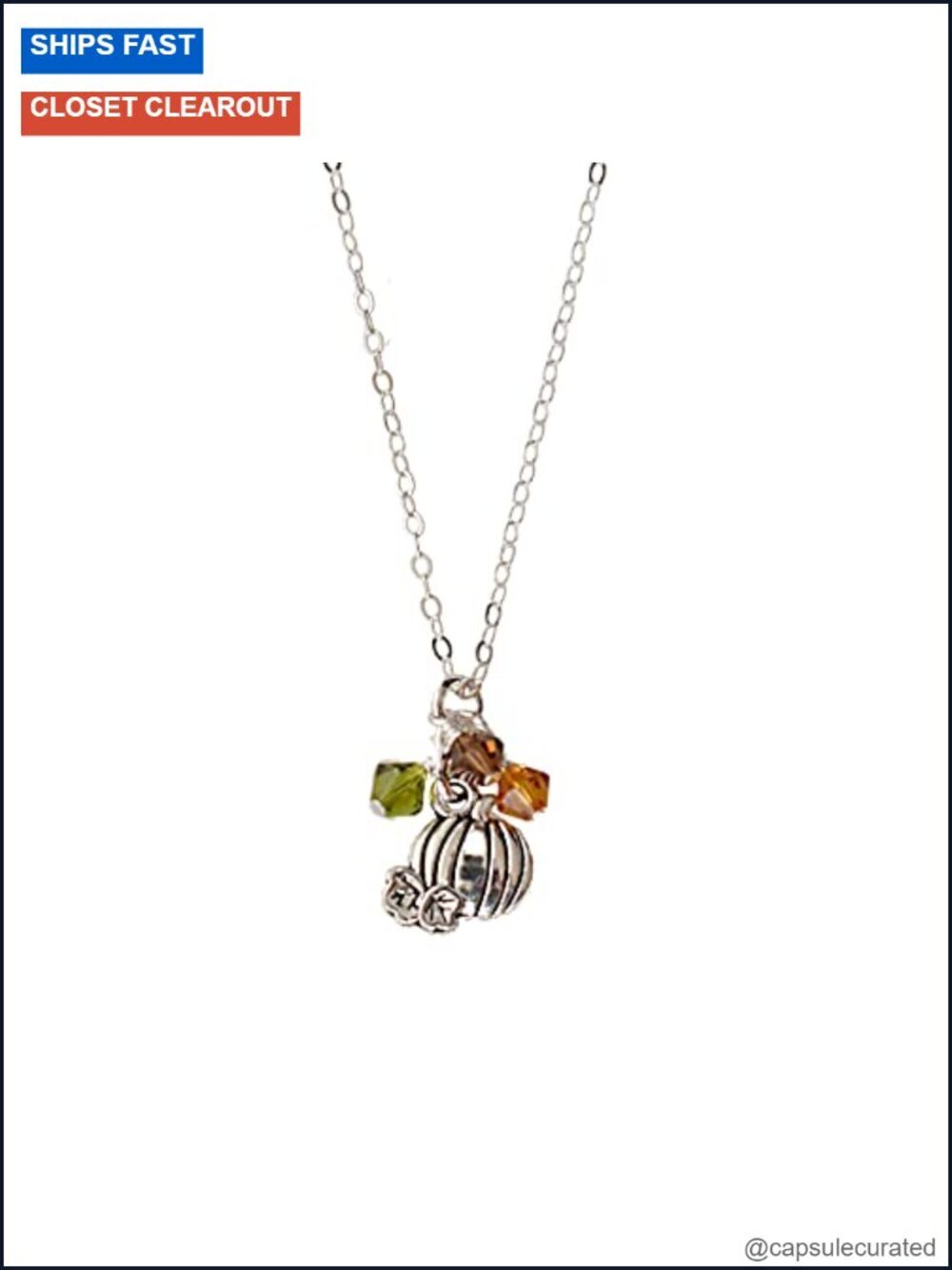 Handmade Crystal Pumpkin Pendant Necklace, Sterling Silver Chain, 16-18"